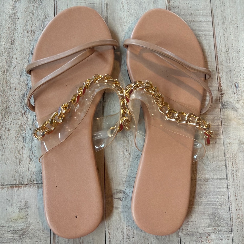 Tan Clear Gold Chain Link Flat Slide Sandals Women Size 39 EU 8 US Chic Summer